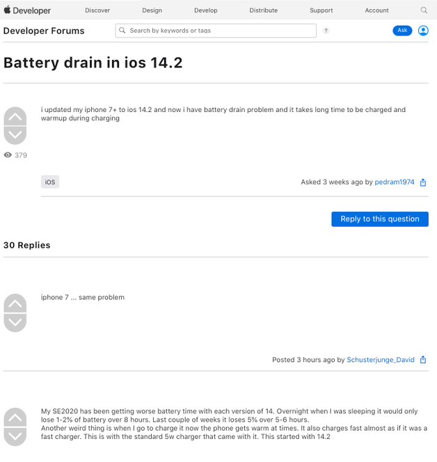 苹果用户抱怨：iOS 14.2导致苹果设备电池续航变短